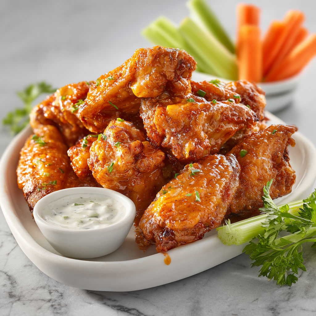 A plate of air-fried buffalo chicken wings with carrots on the side.