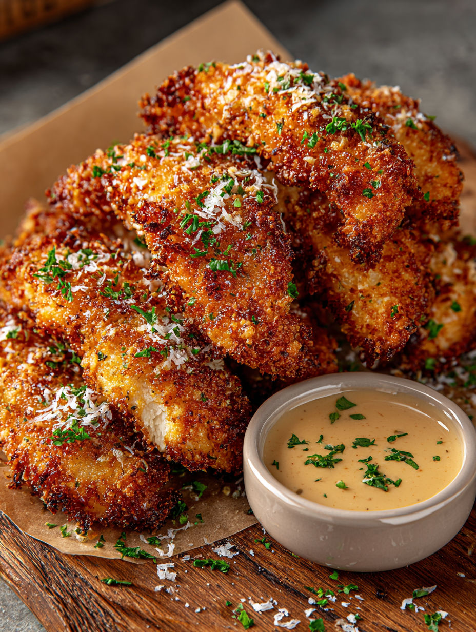 A bowl of sauce next to some breaded chicken.