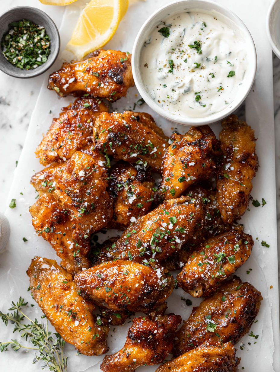 Crispy baked chicken wings with homemade ranch dip.