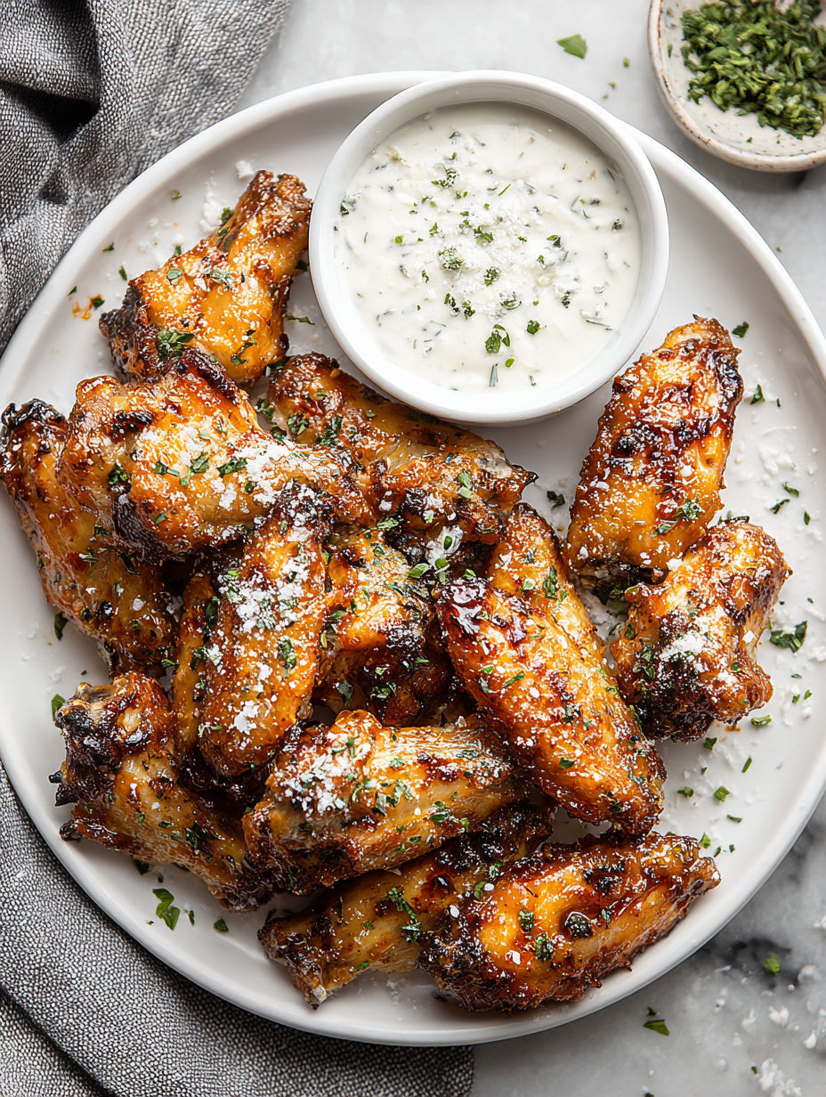 A plate of crispy baked chicken wings with homemade ranch dip.
