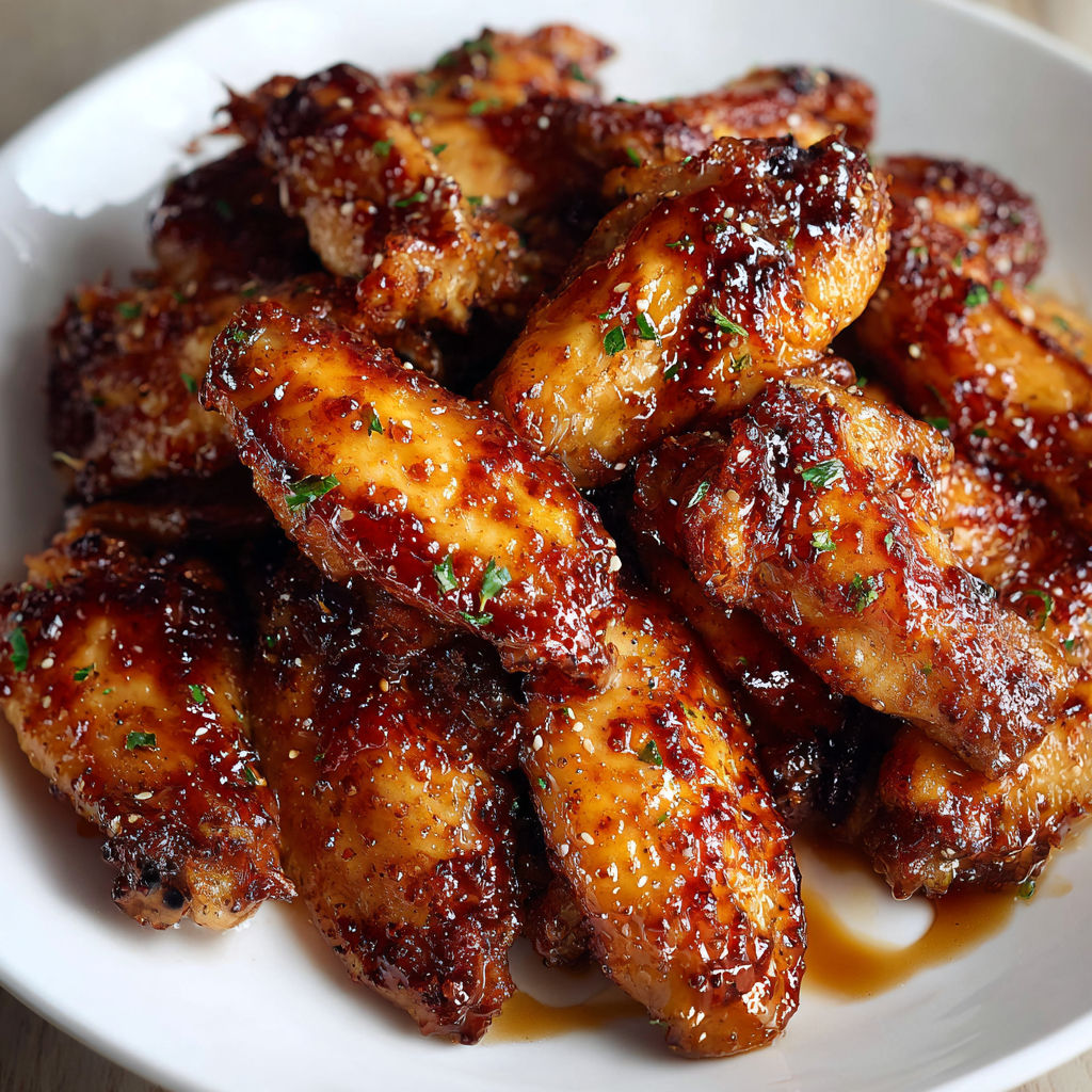A plate of BBQ wings with a sticky honey garlic sauce.