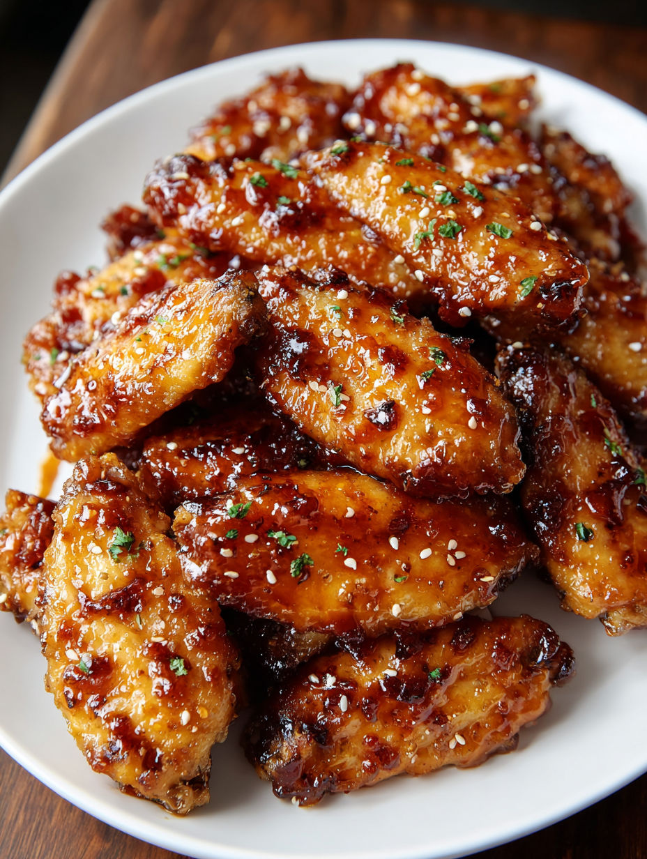 A plate of Sticky Honey Garlic BBQ Wings.