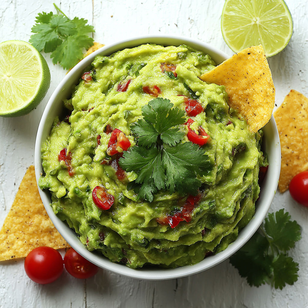 A bowl of guacamole with tomatoes and limes.