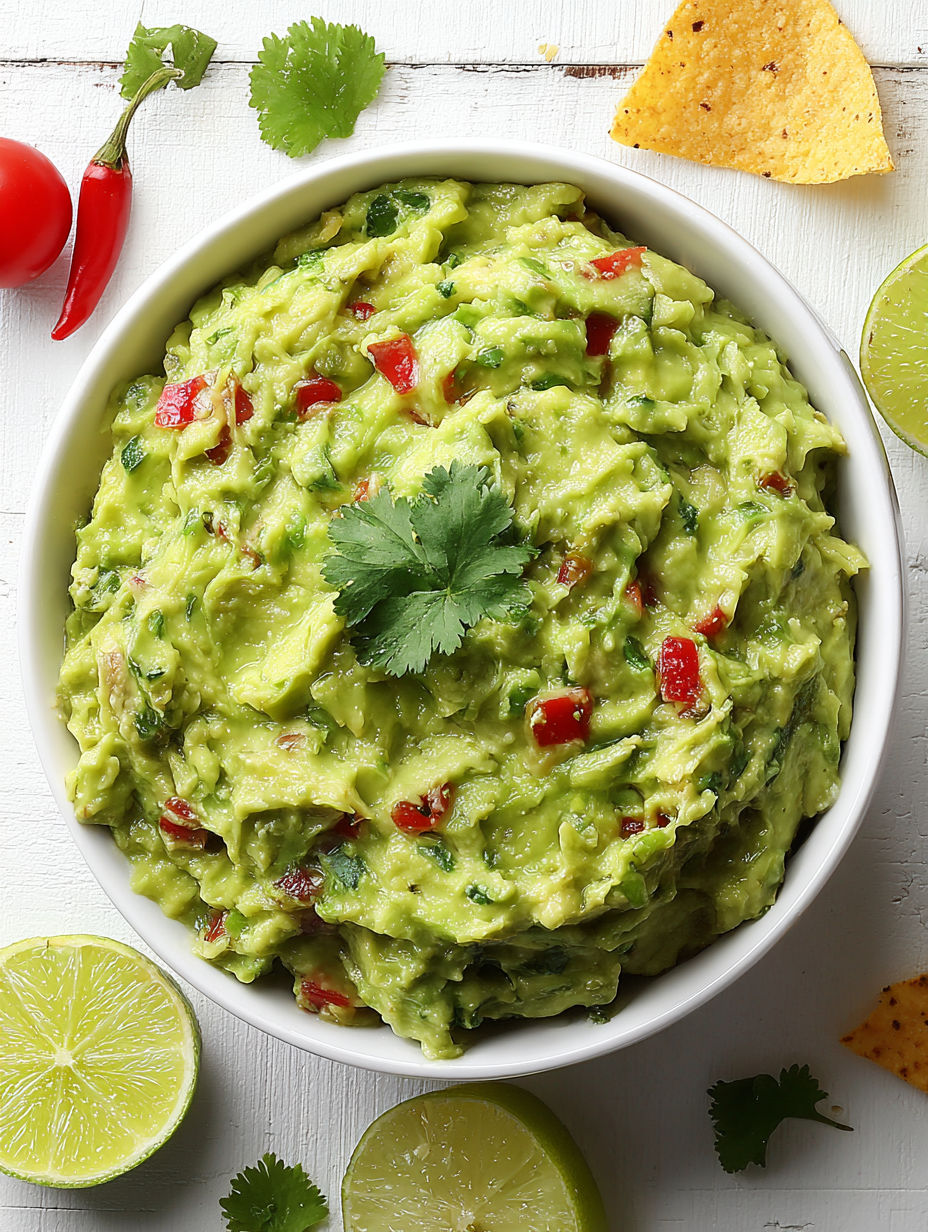 A white bowl filled with guacamole.