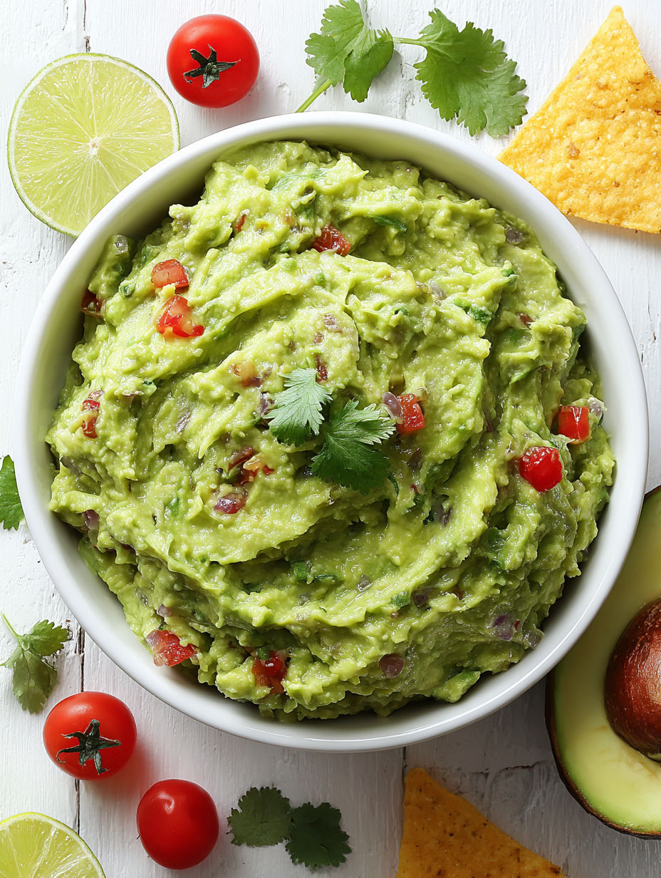 A bowl of guacamole with tomatoes and limes.