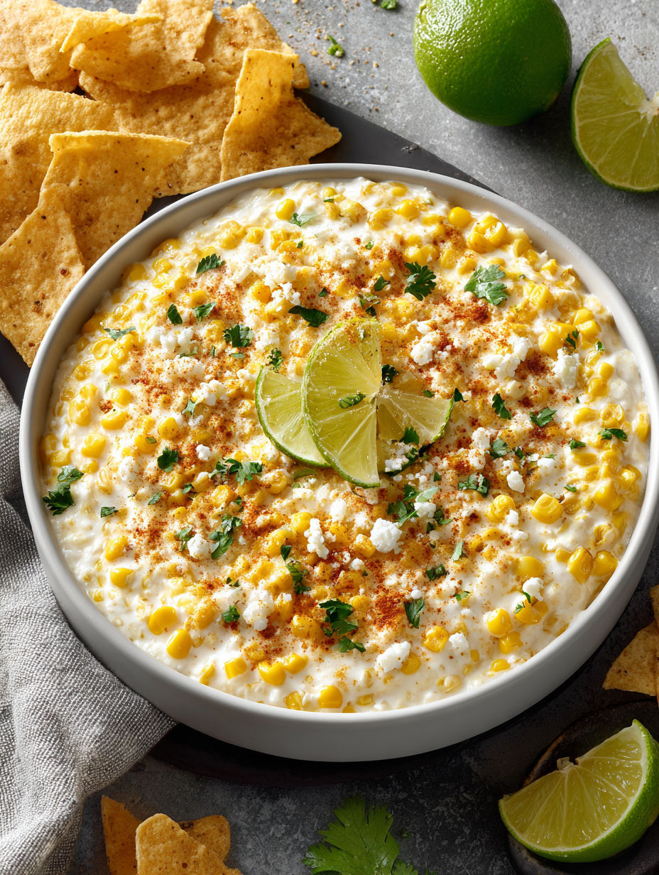 A bowl of Mexican street corn dip with chips.