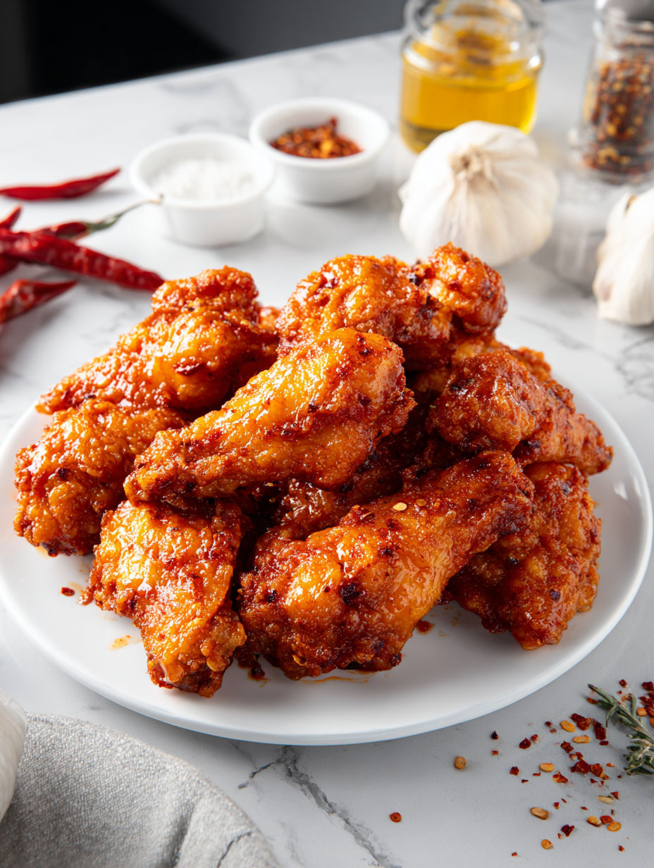 A plate of crispy, seasoned Korean fried chicken.