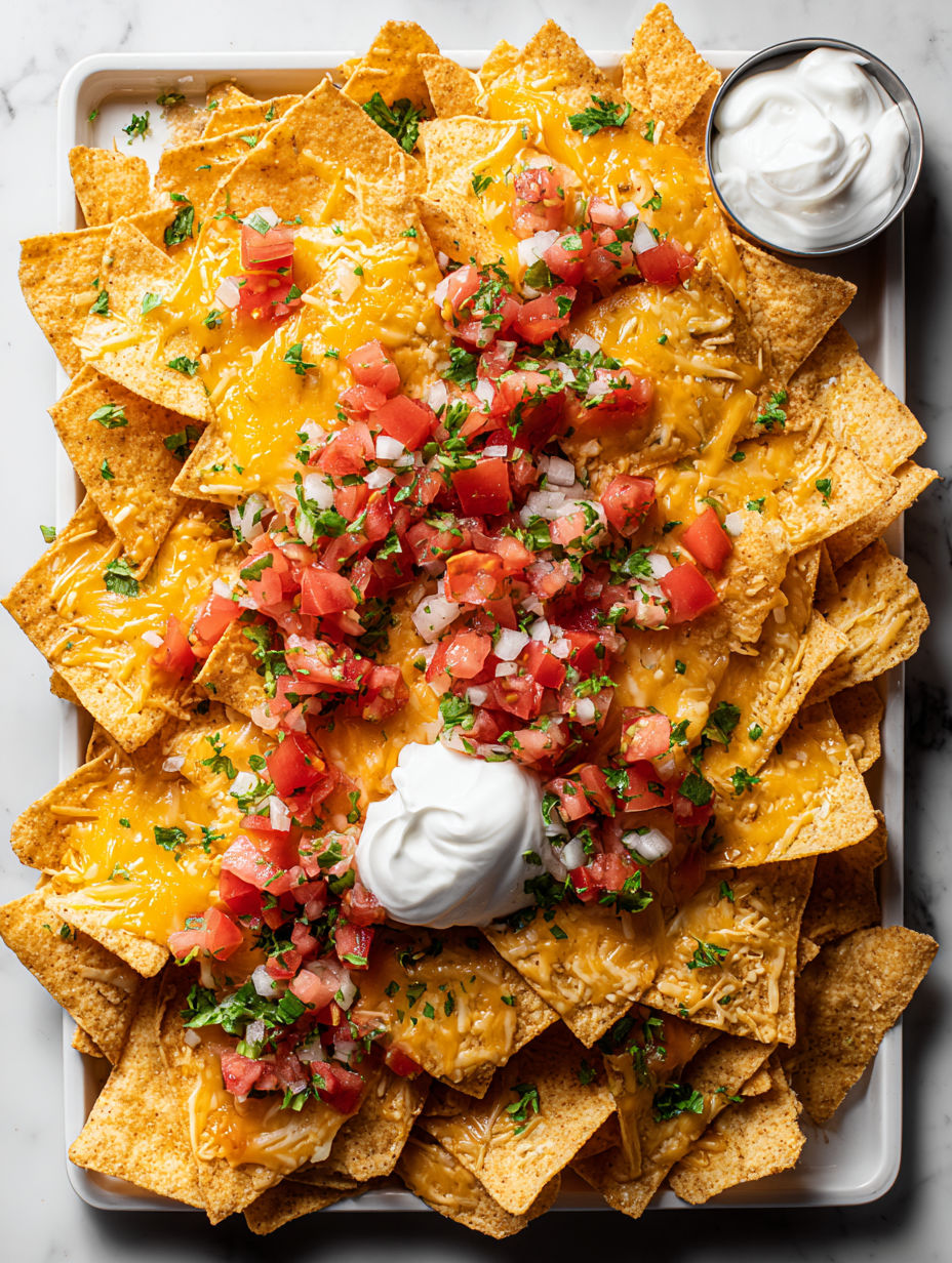 A plate of nachos with white cheese and tomatoes.