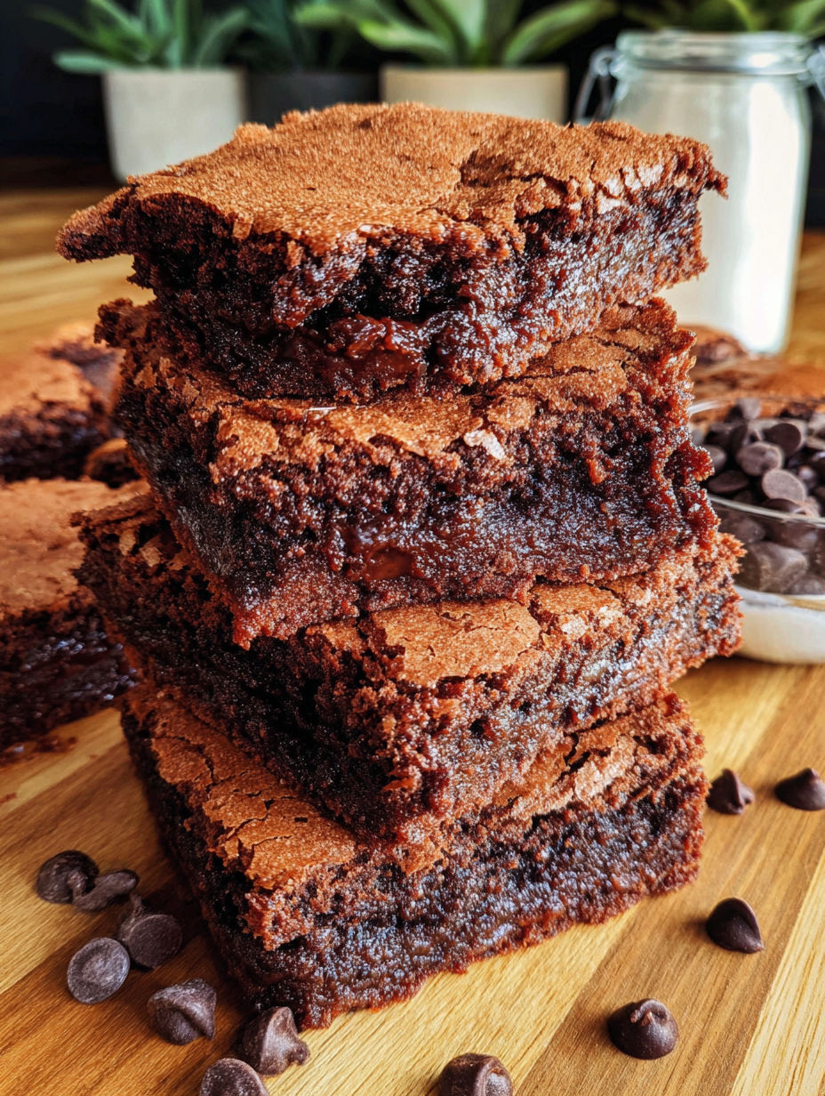 A stack of chocolate brownies with chocolate chips on top.