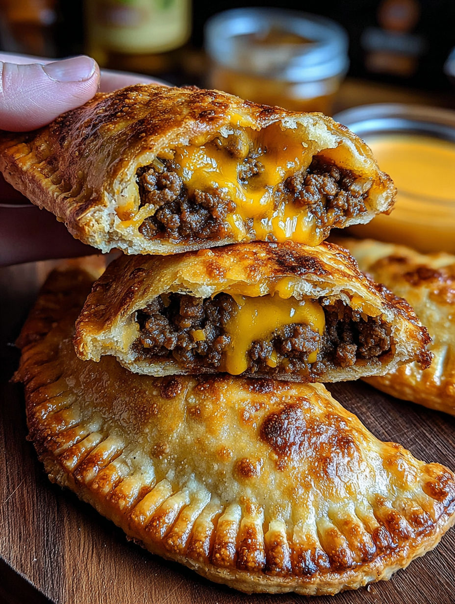 Two savory hand pies on a wooden table.