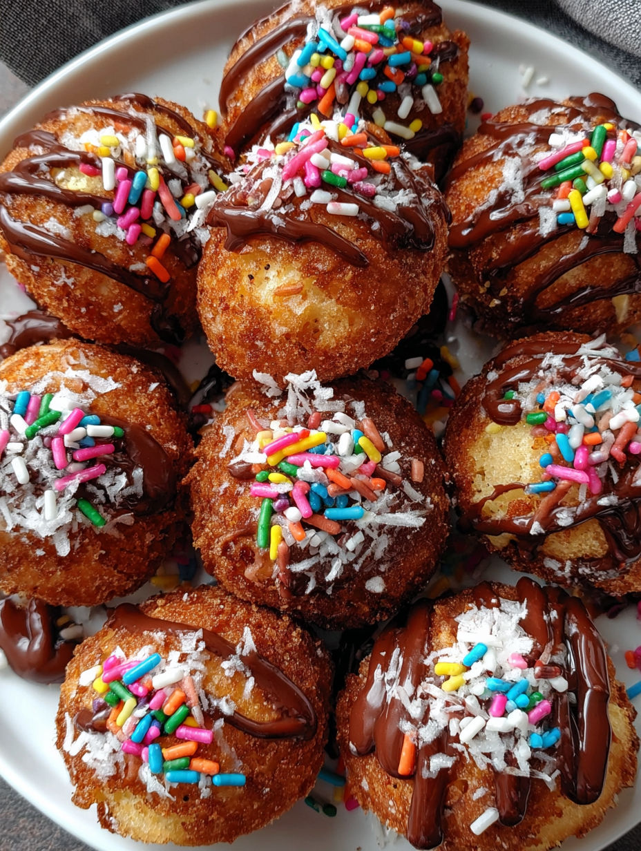 Chocolate donut holes with sprinkles and chocolate drizzle.