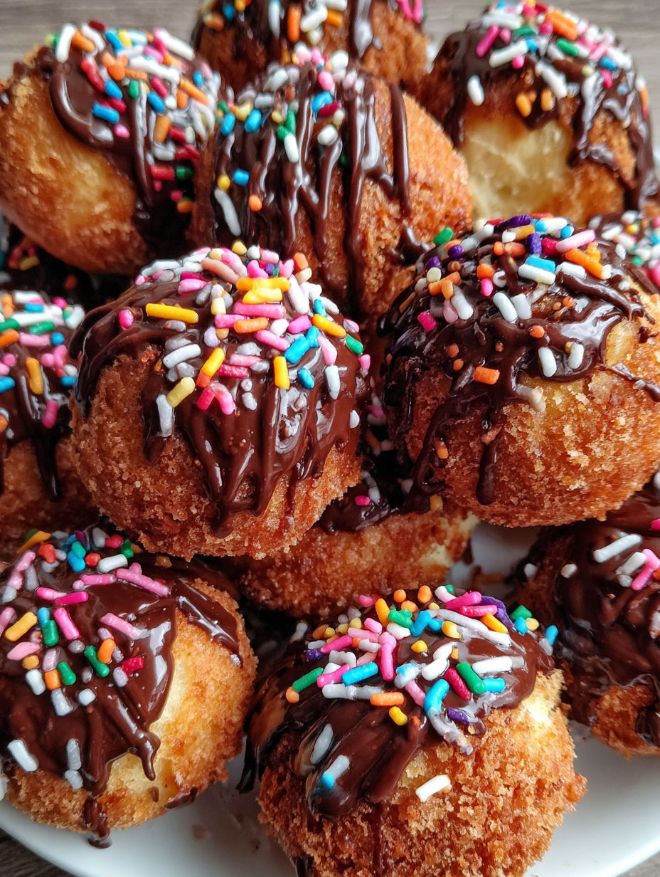 Chocolate donut holes with sprinkles.