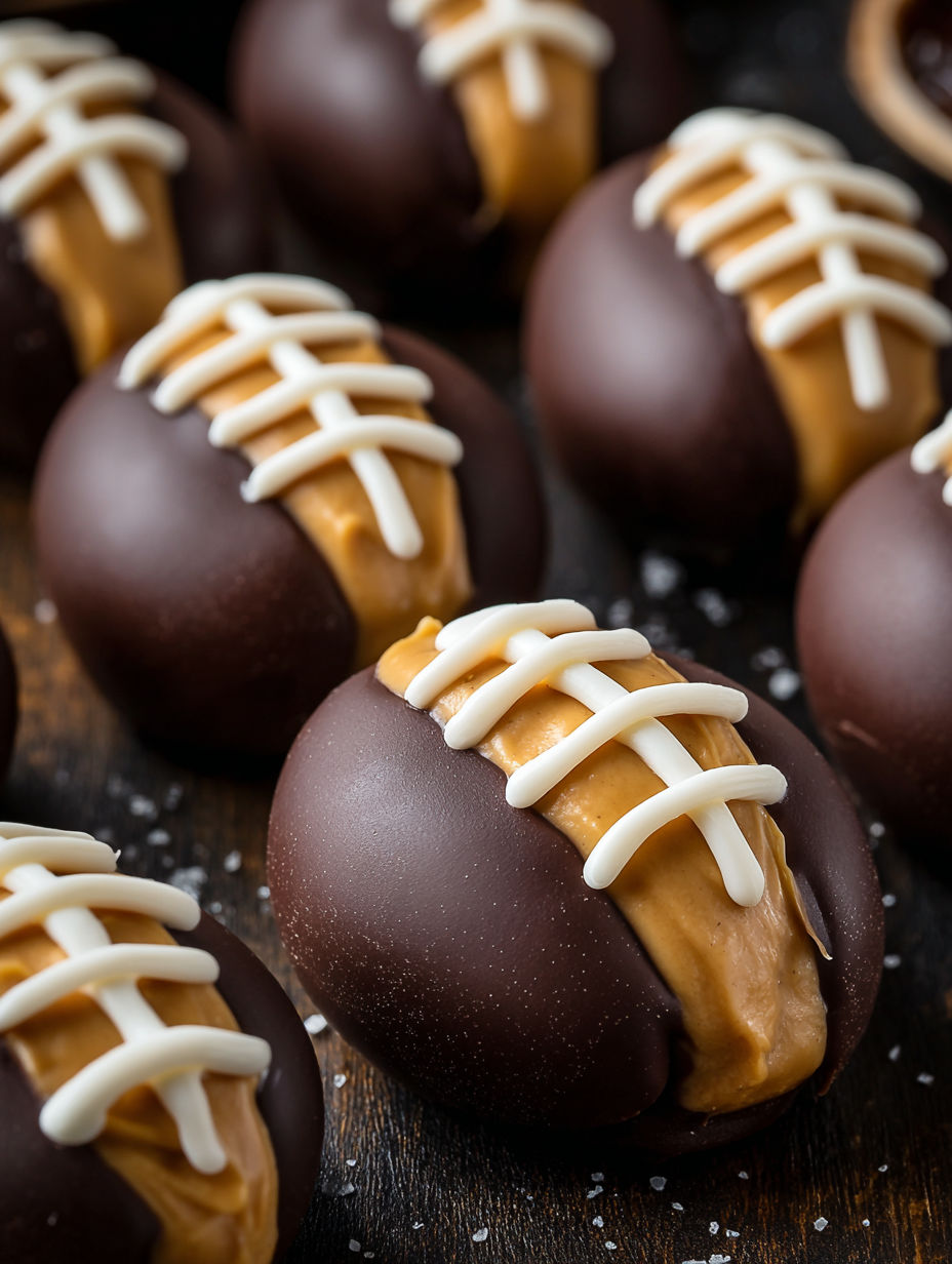 Chocolate football shaped peanut butter balls.