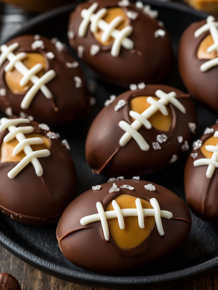A plate of football shaped chocolate peanut butter balls.