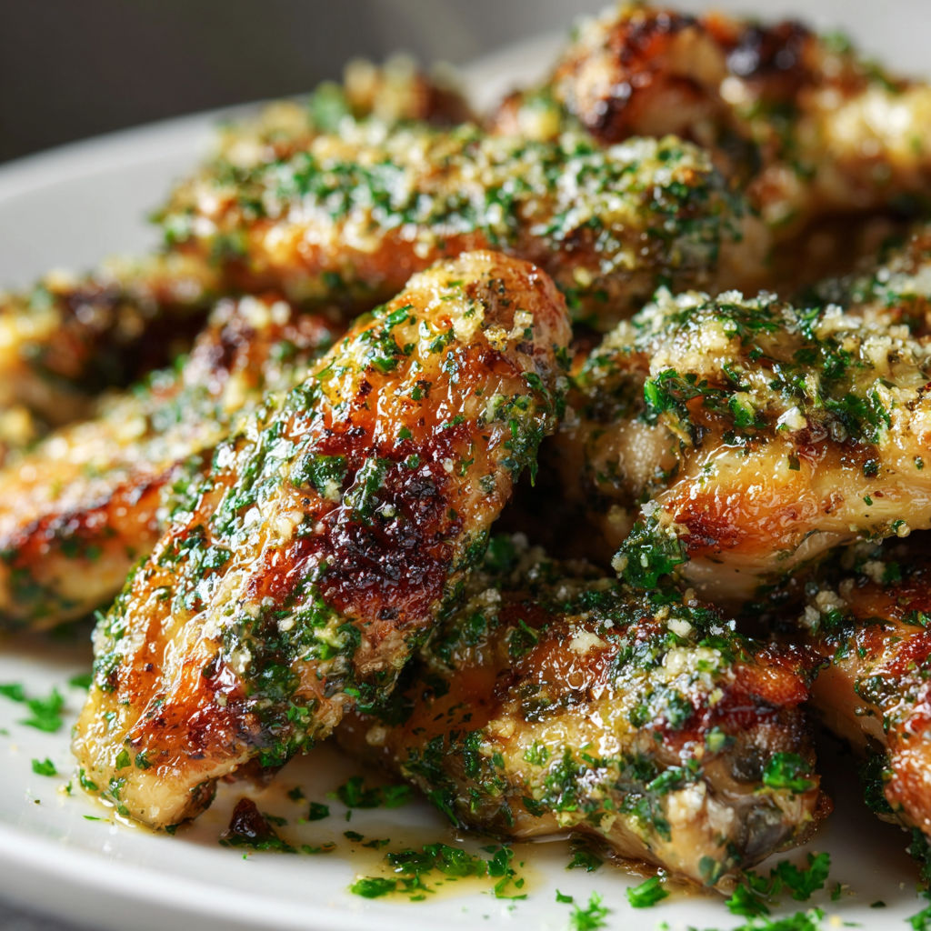 A plate of baked chicken wings with Parmesan cheese and chimichurri sauce.