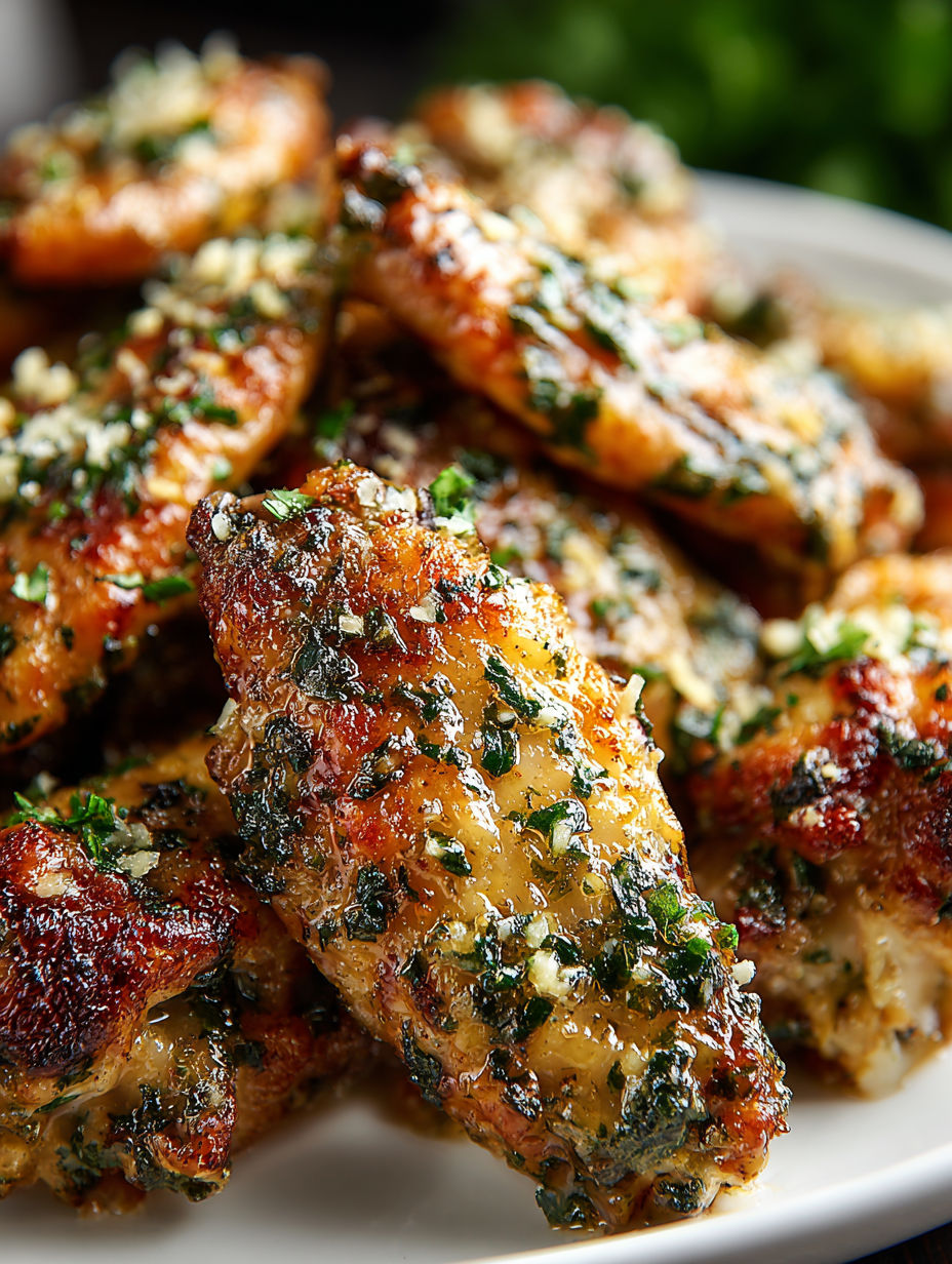 A plate of baked chicken wings with a parmesan and chimichurri sauce.
