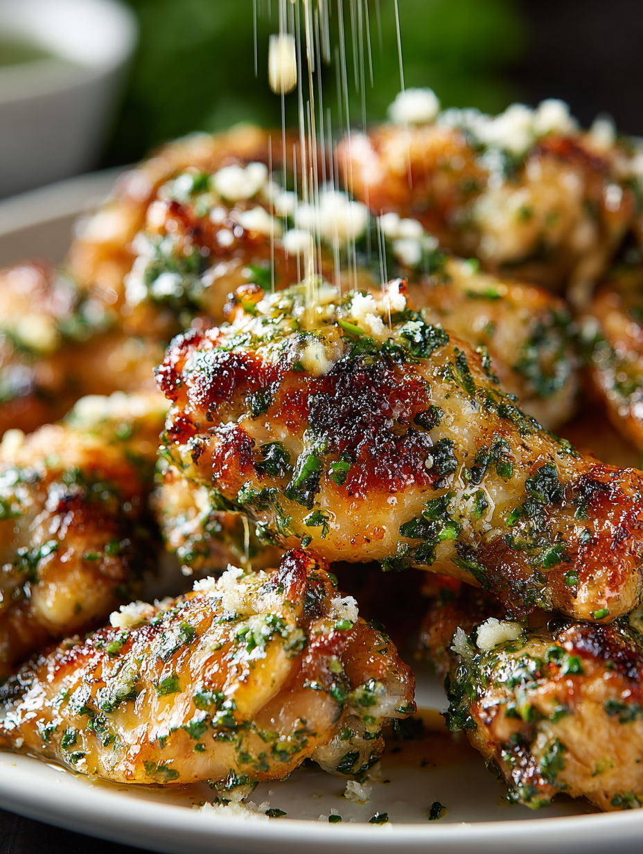 Chicken wings with Parmesan cheese and chimichurri sauce.