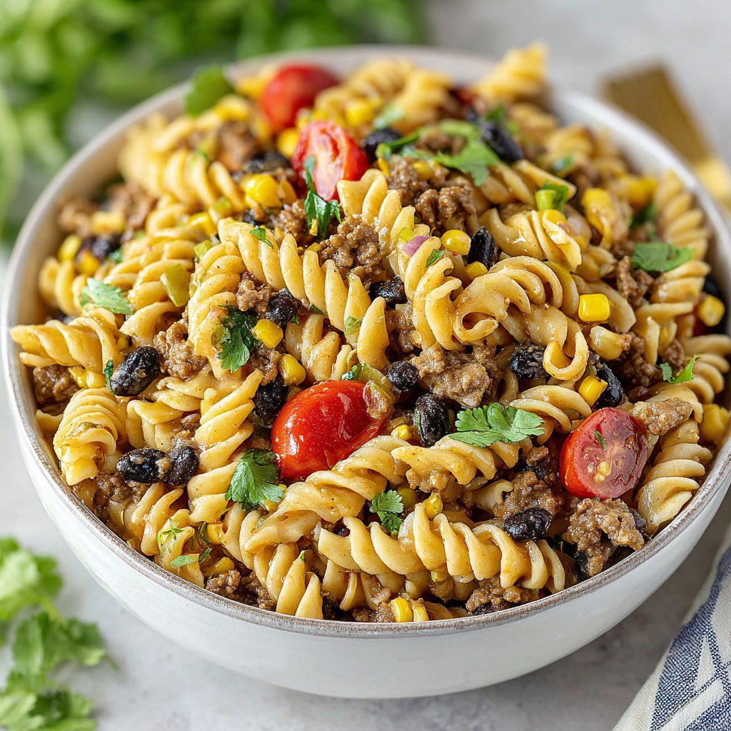 A bowl of pasta salad with tomatoes, corn, and black olives.