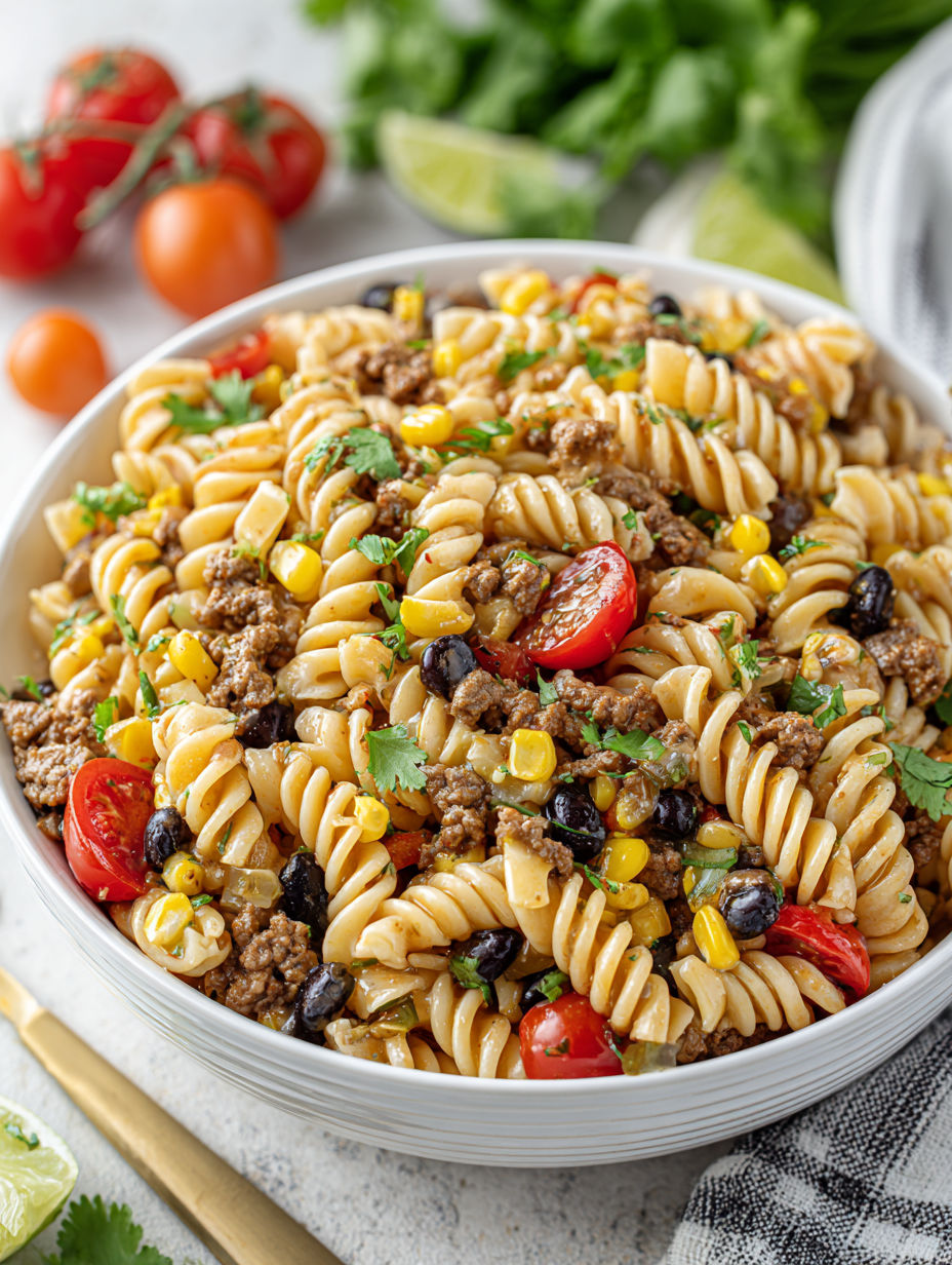 A bowl of pasta salad with tomatoes, corn, and olives.
