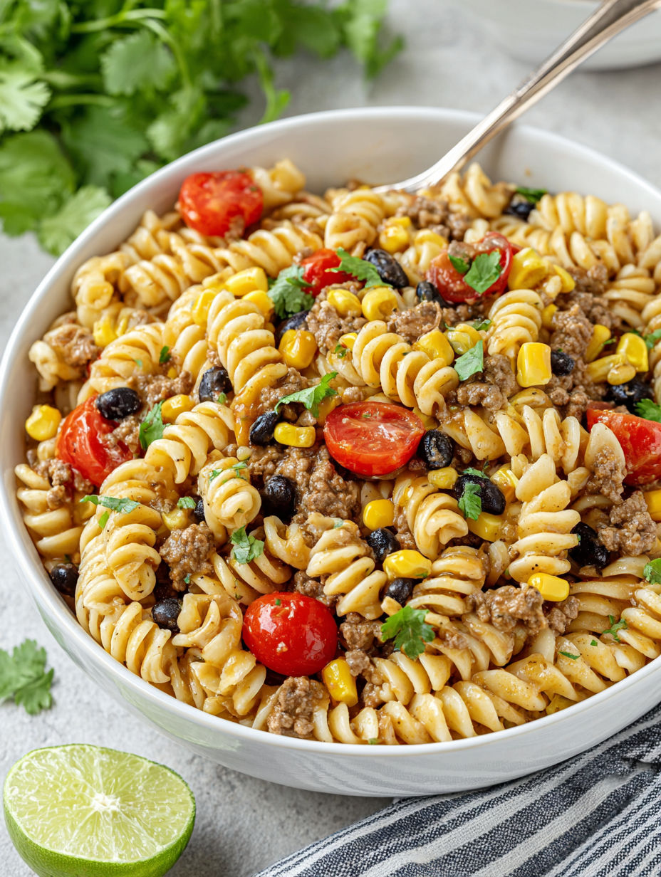 A bowl of pasta salad with tomatoes, corn, and black olives.