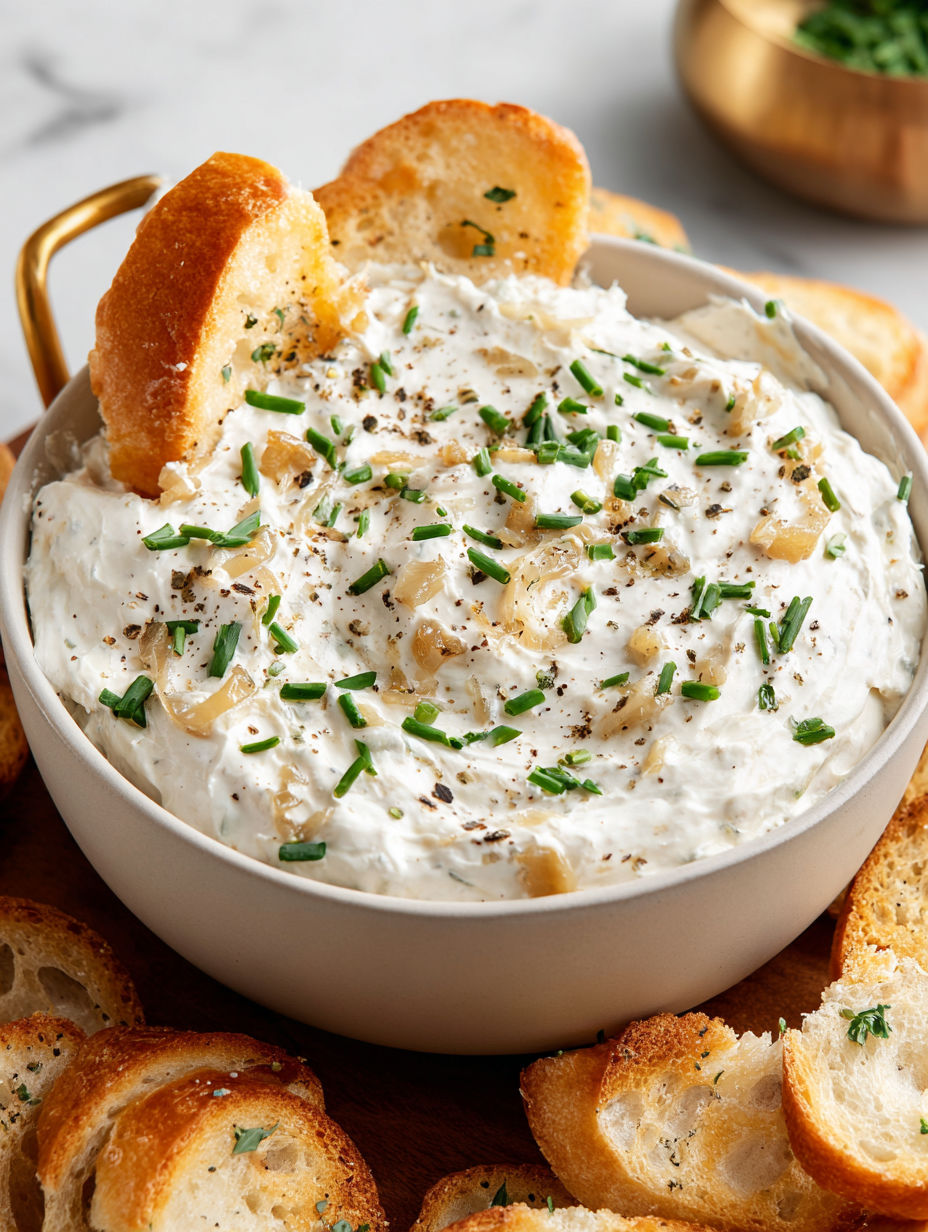 A bowl of homemade French onion dip.