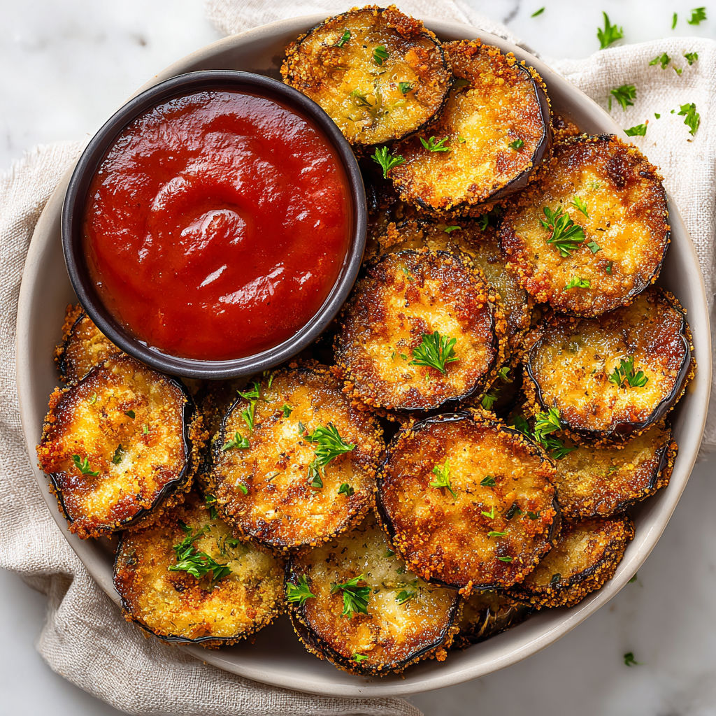 A bowl of air fryer eggplant with ketchup.