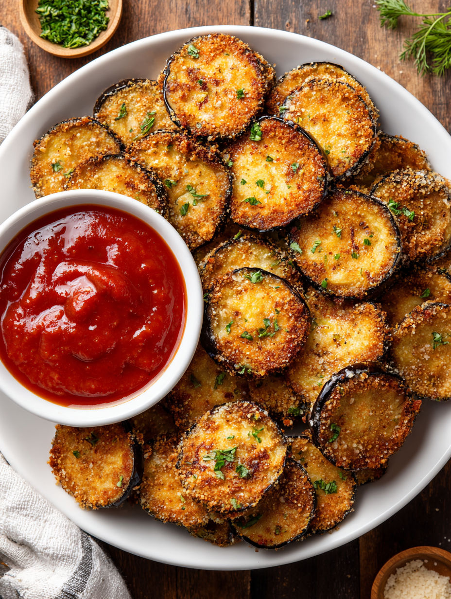 A plate of air fryer eggplant with a bowl of marinara sauce.