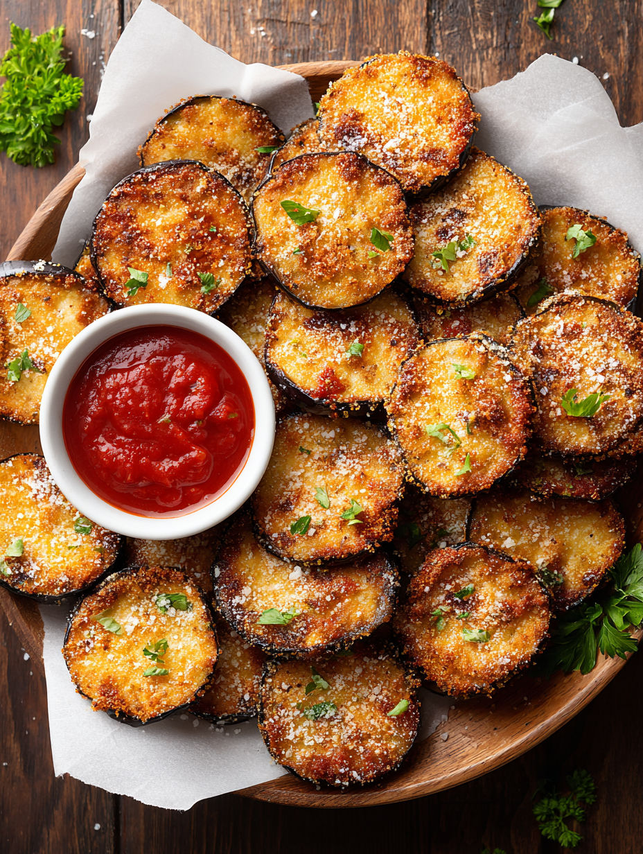 A bowl of air fryer eggplant with a dollop of ketchup.