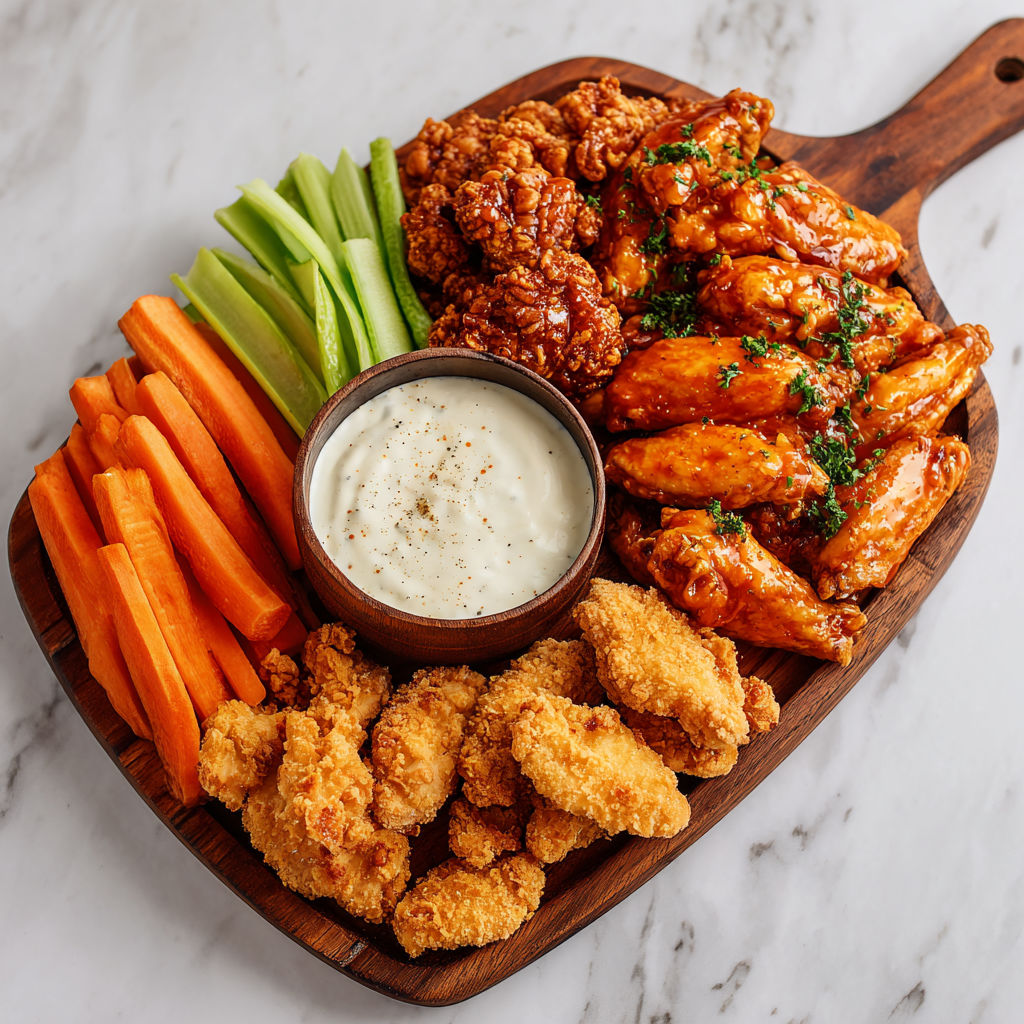 A platter of chicken wings and vegetables.