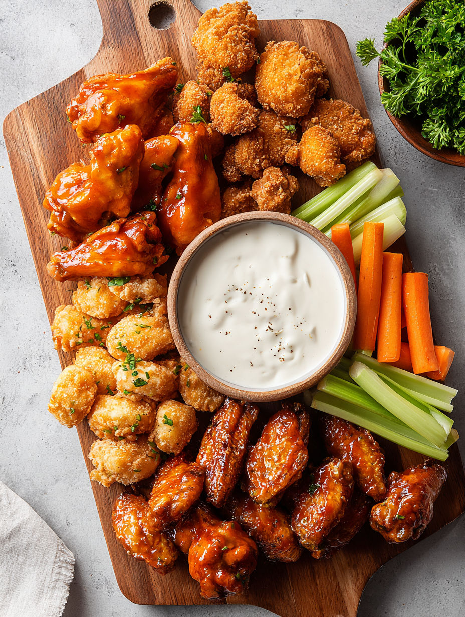 A platter of chicken wings and carrots.