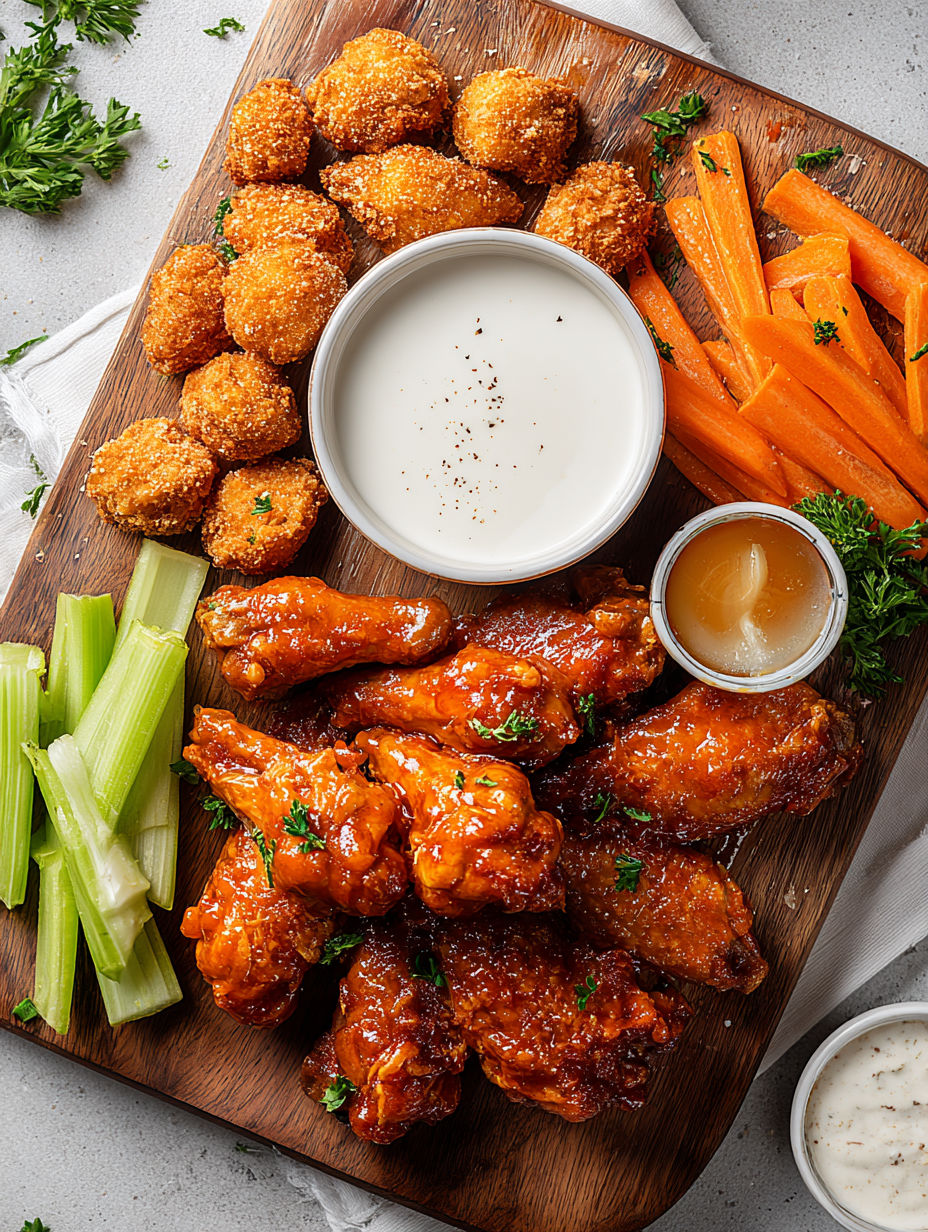 A platter of chicken wings with dipping sauce.