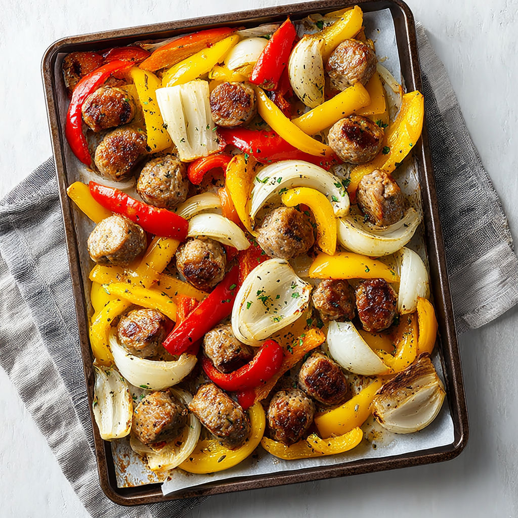 A pan of sausage, peppers and onions.