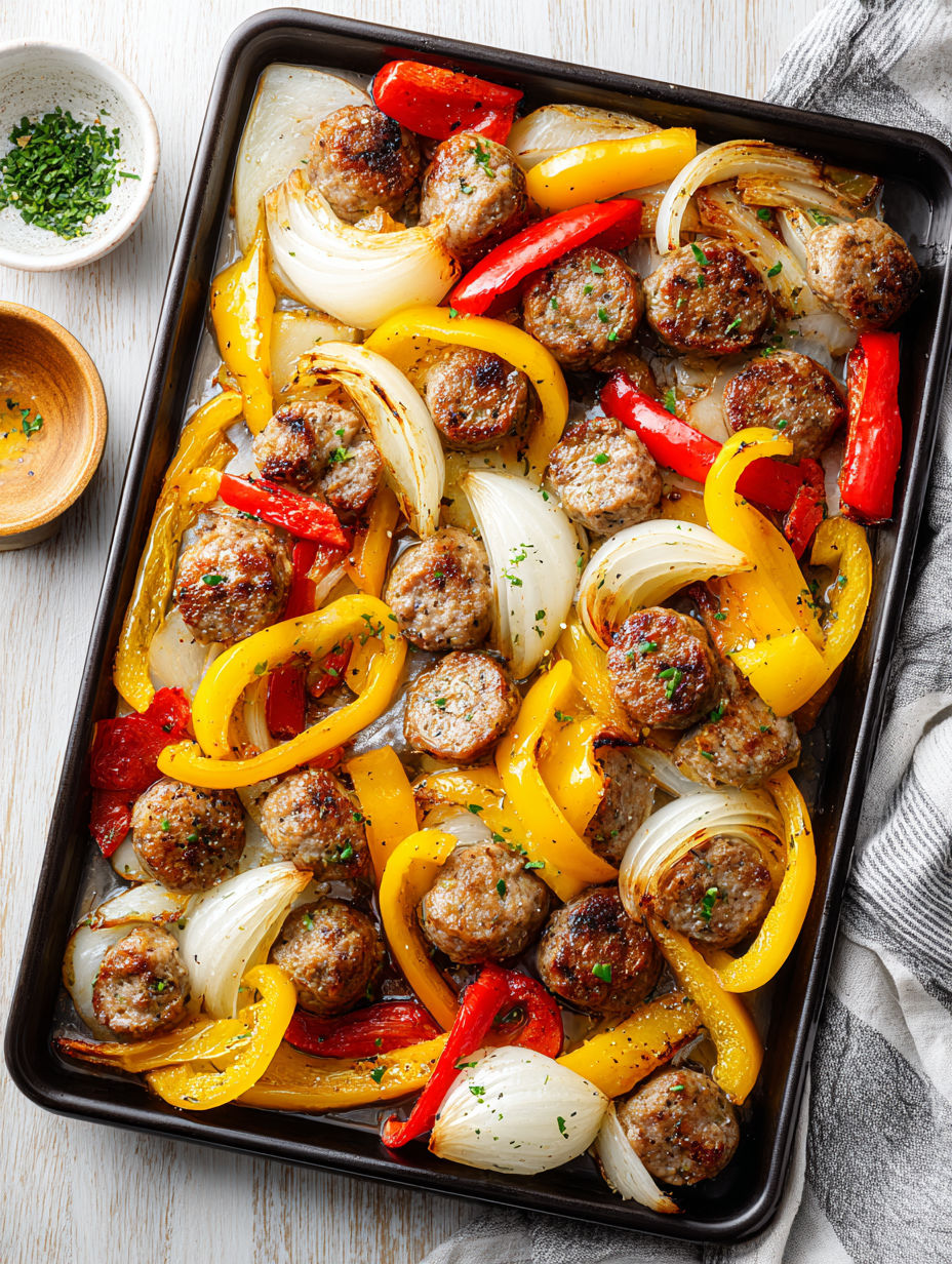 A pan of sausage, peppers and onions.