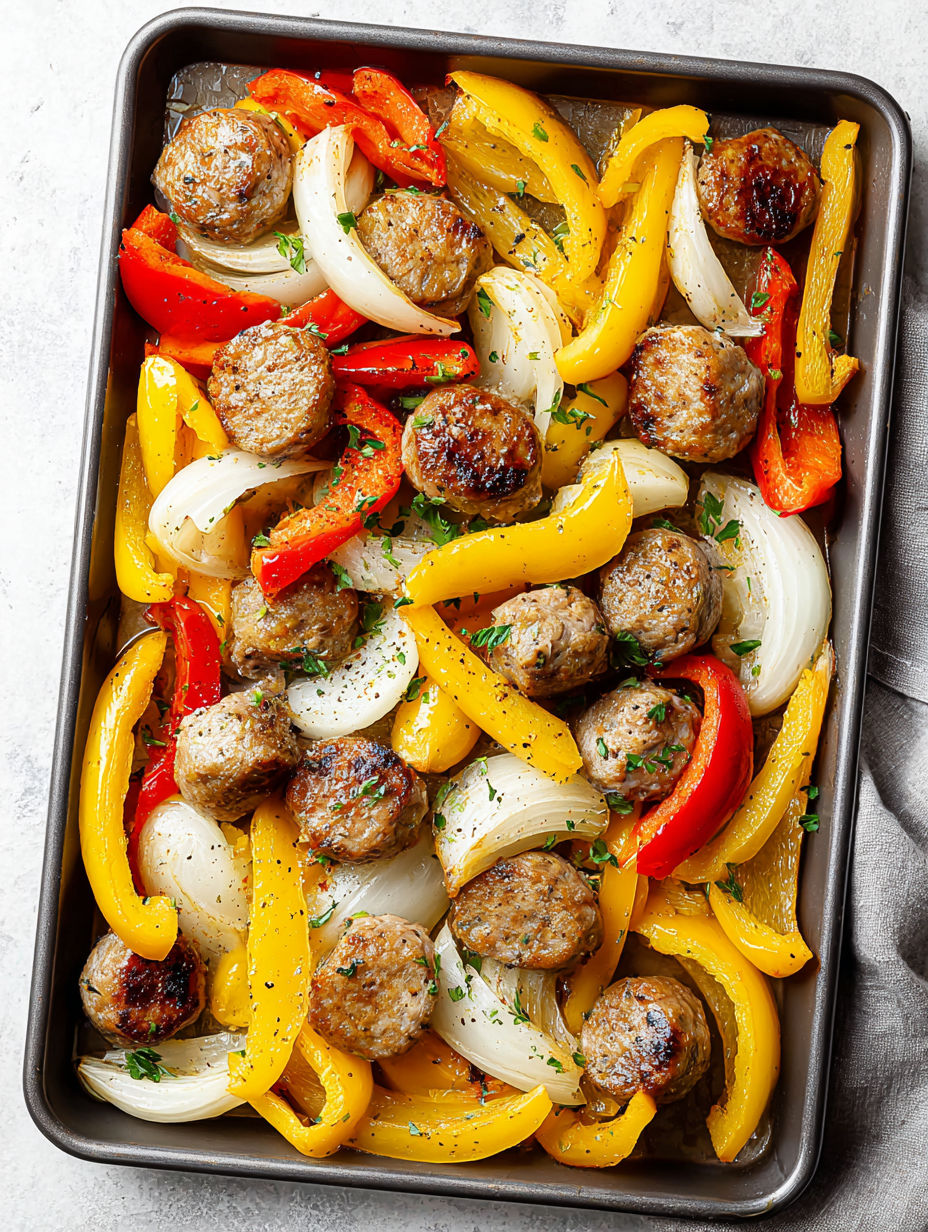 A pan of sausage, peppers and onions.