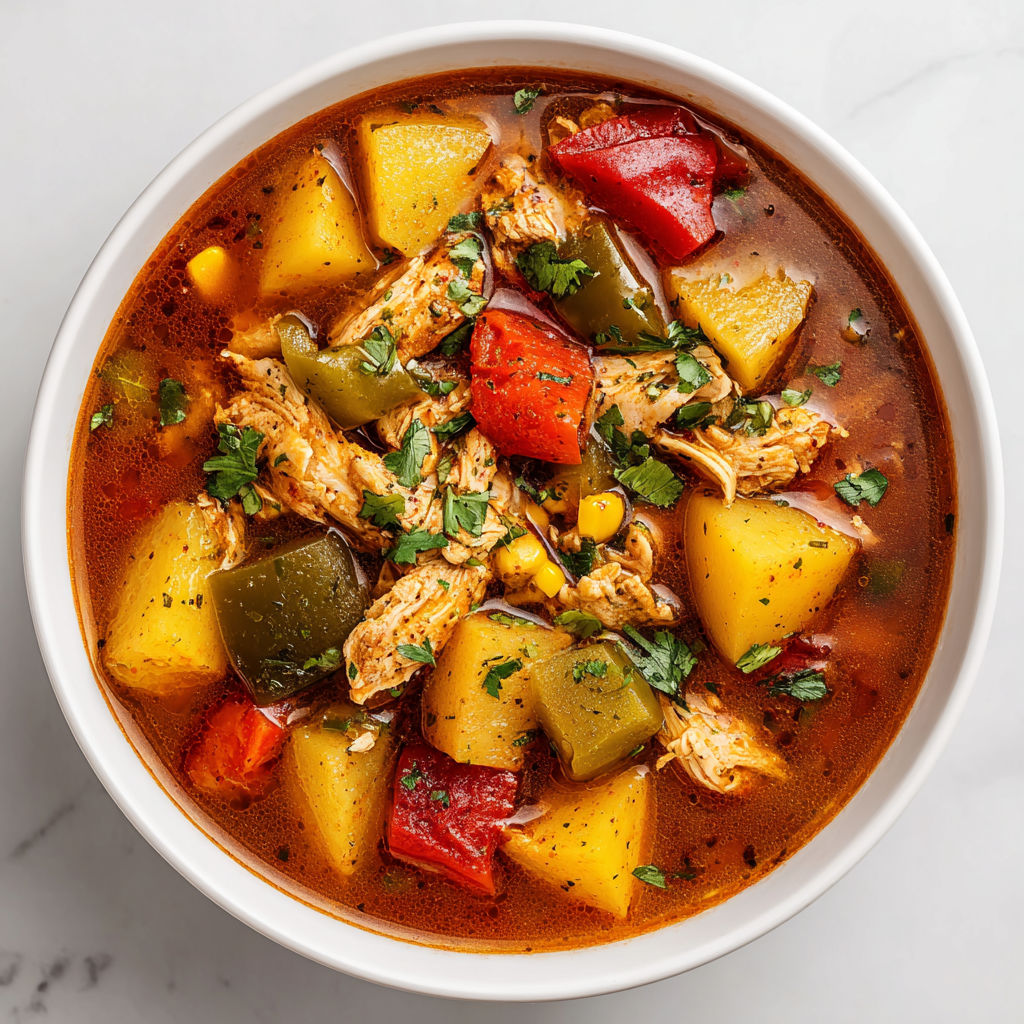A bowl of soup with chicken, potatoes, and peppers.