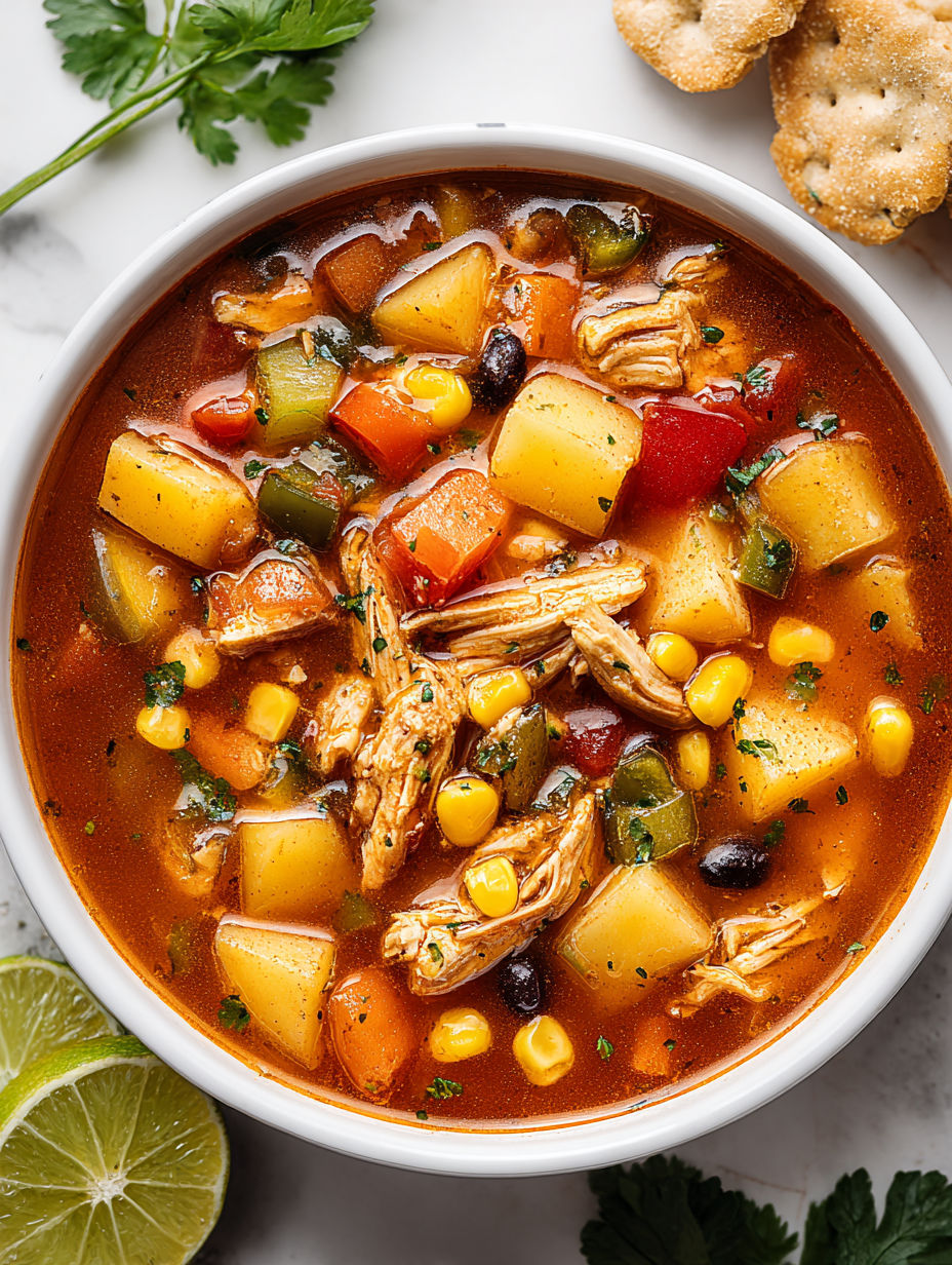 A bowl of soup with chicken, potatoes, and corn.