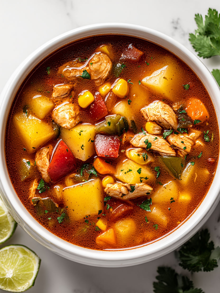 A bowl of soup with chicken, corn, and potatoes.
