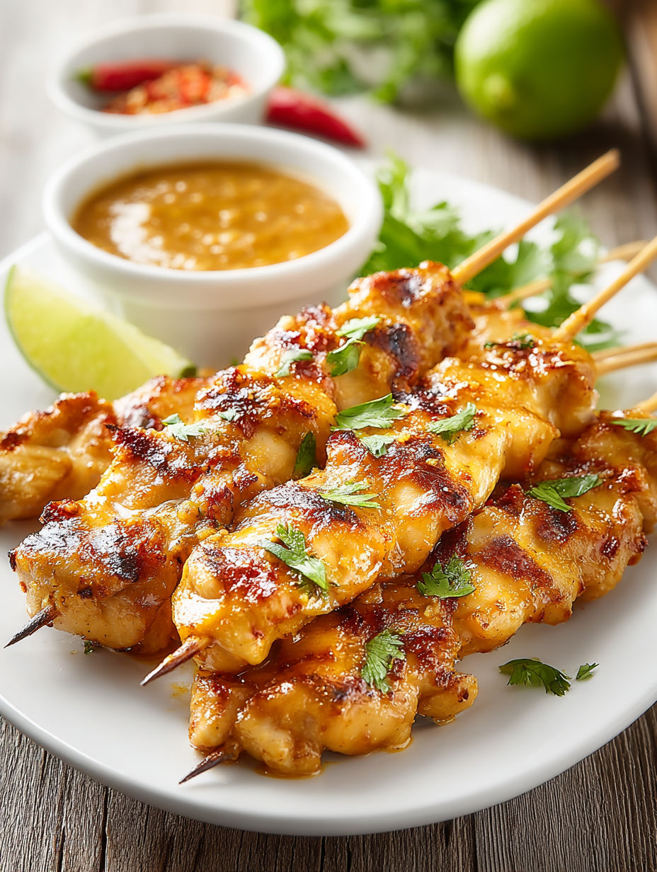 A plate of Thai chicken skewers with a dipping sauce.