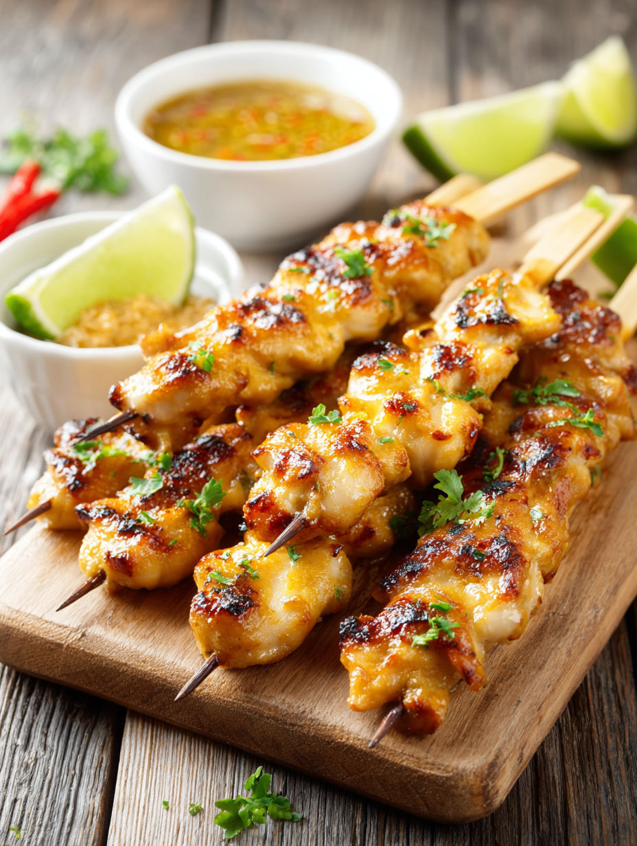 A plate of Thai chicken skewers with a bowl of sauce.