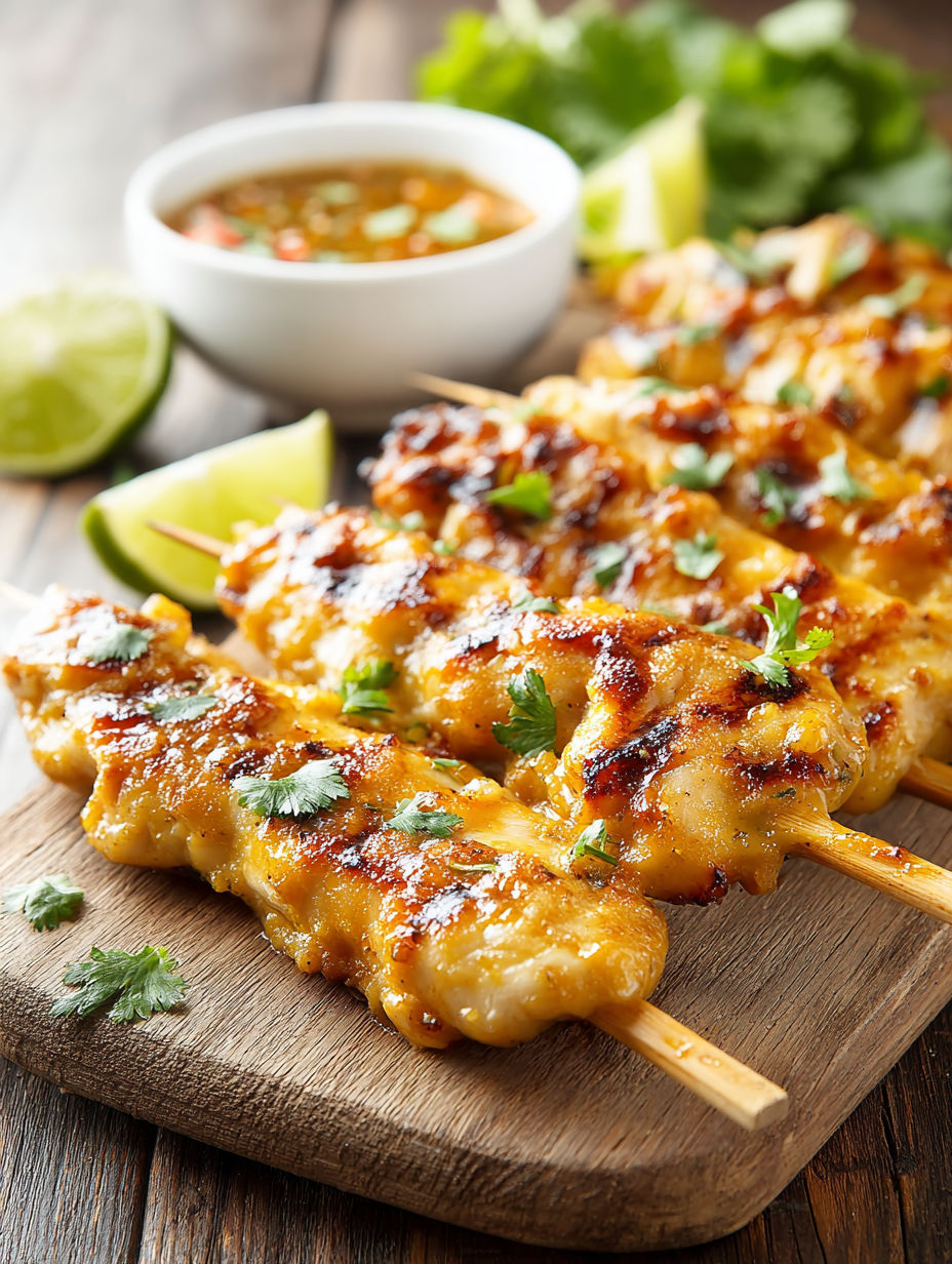 A plate of Thai chicken skewers with a bowl of sauce.