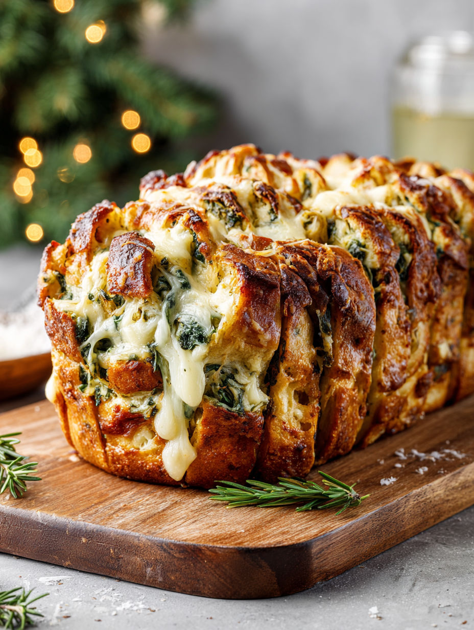 A loaf of vegan spinach and artichoke pull-apart bread.