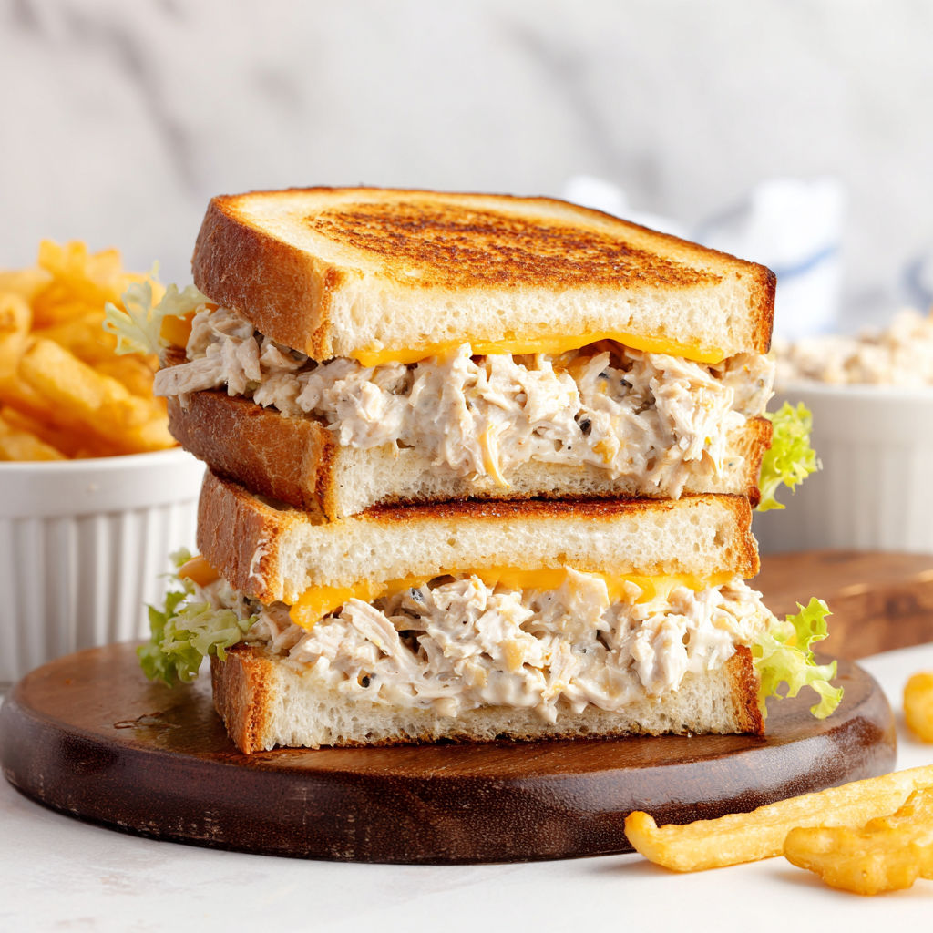 A tuna melt sandwich with lettuce and cheese.