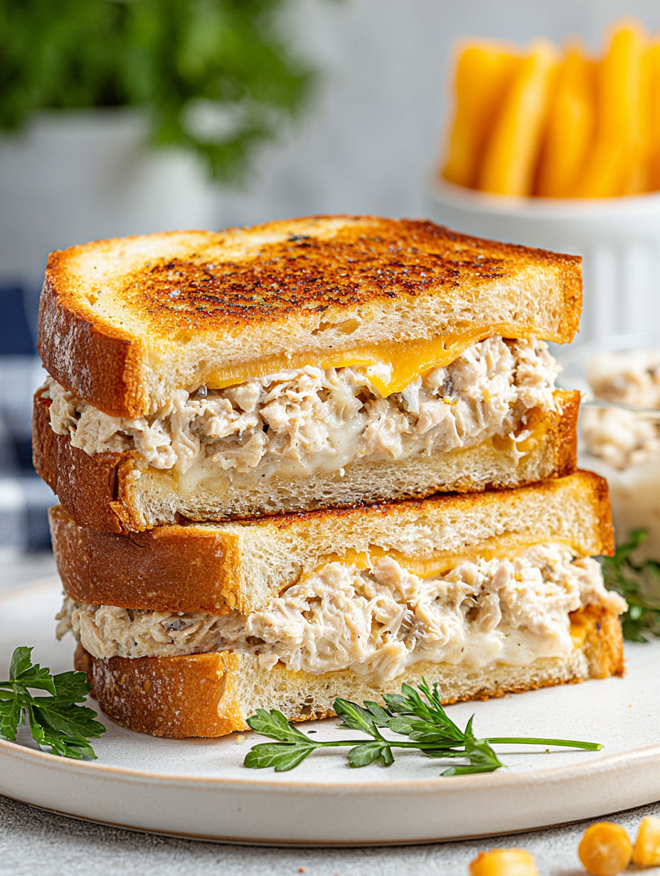 A tuna melt sandwich on a plate.