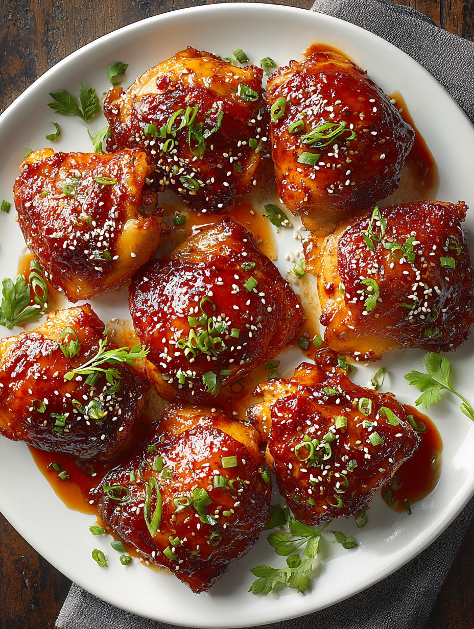 A plate of oven-baked sticky gochujang chicken thighs.