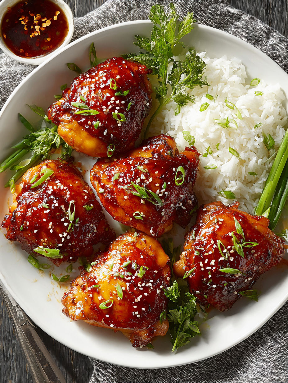 A plate of chicken with rice and green onions.