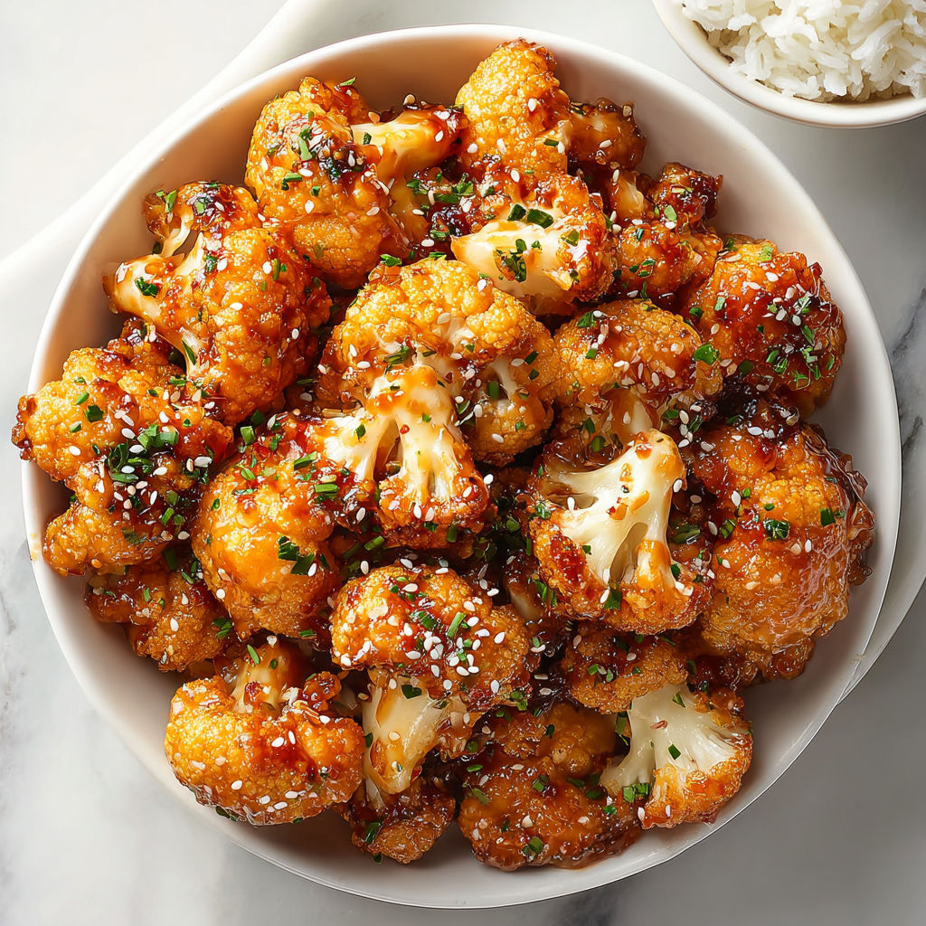A bowl of cauliflower with a sweet chili sauce.