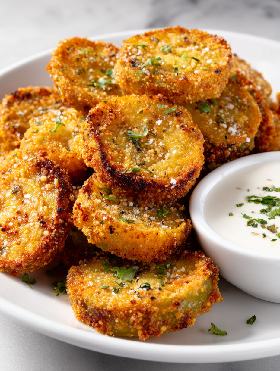 A bowl of fried green tomatoes with a side of ranch dressing.