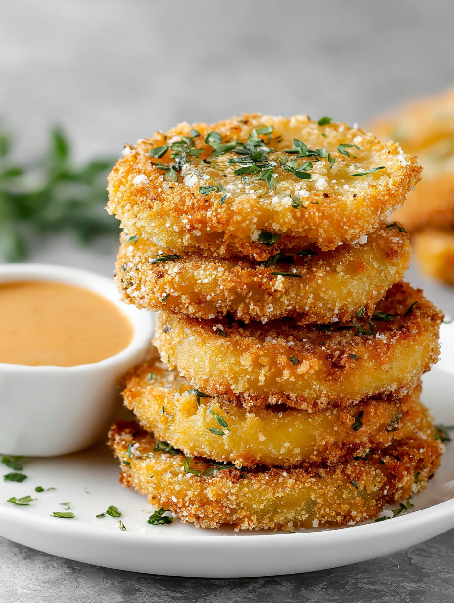 A stack of air fryer fried green tomatoes.