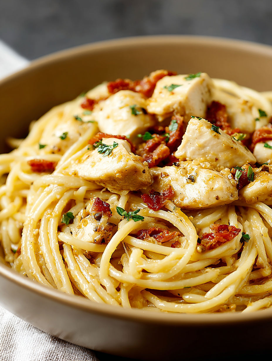 A bowl of chicken, bacon, and pasta.