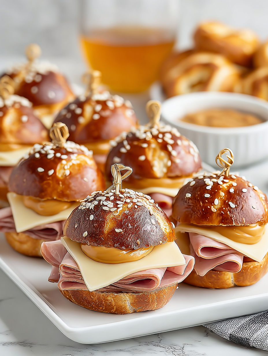 A plate of ham and cheese on pretzel sliders.